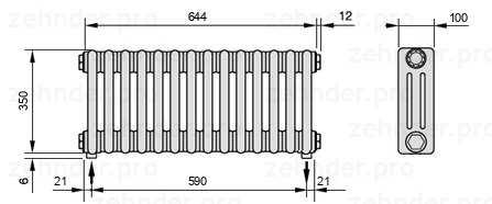 Схема (чертеж) Радиатор Zehnder Charleston 3035/14 №3570 Белый глянцевый RAL 9016
